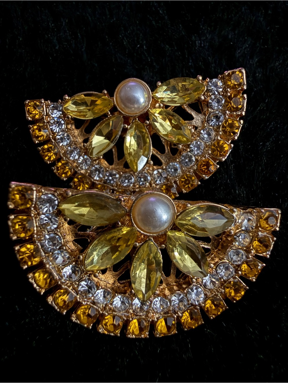 Vintage Art Deco Revival Fan Earrings Amber Rhinestone Pearl Statement